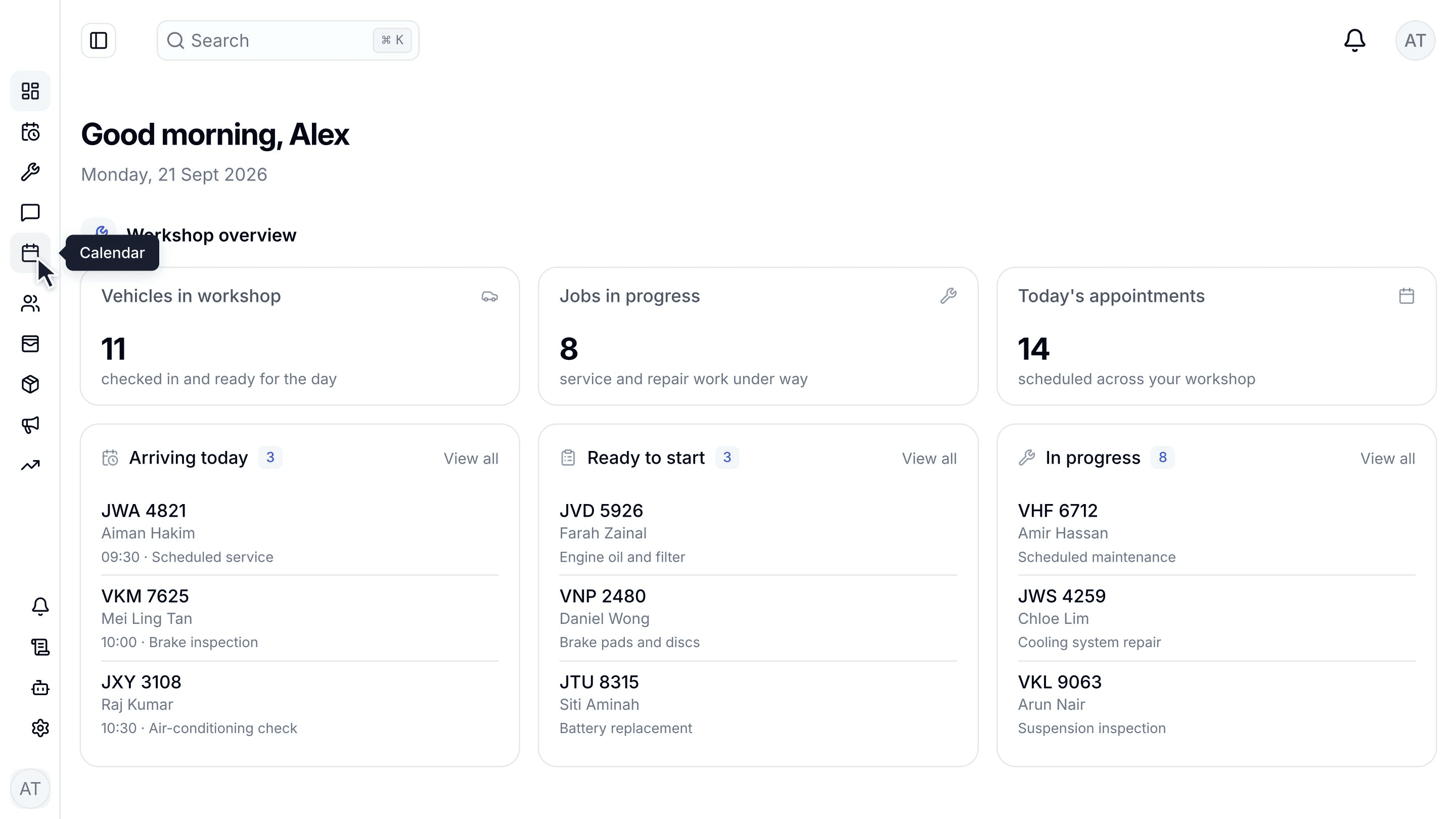 AutoFlow dashboard with fictional workshop data